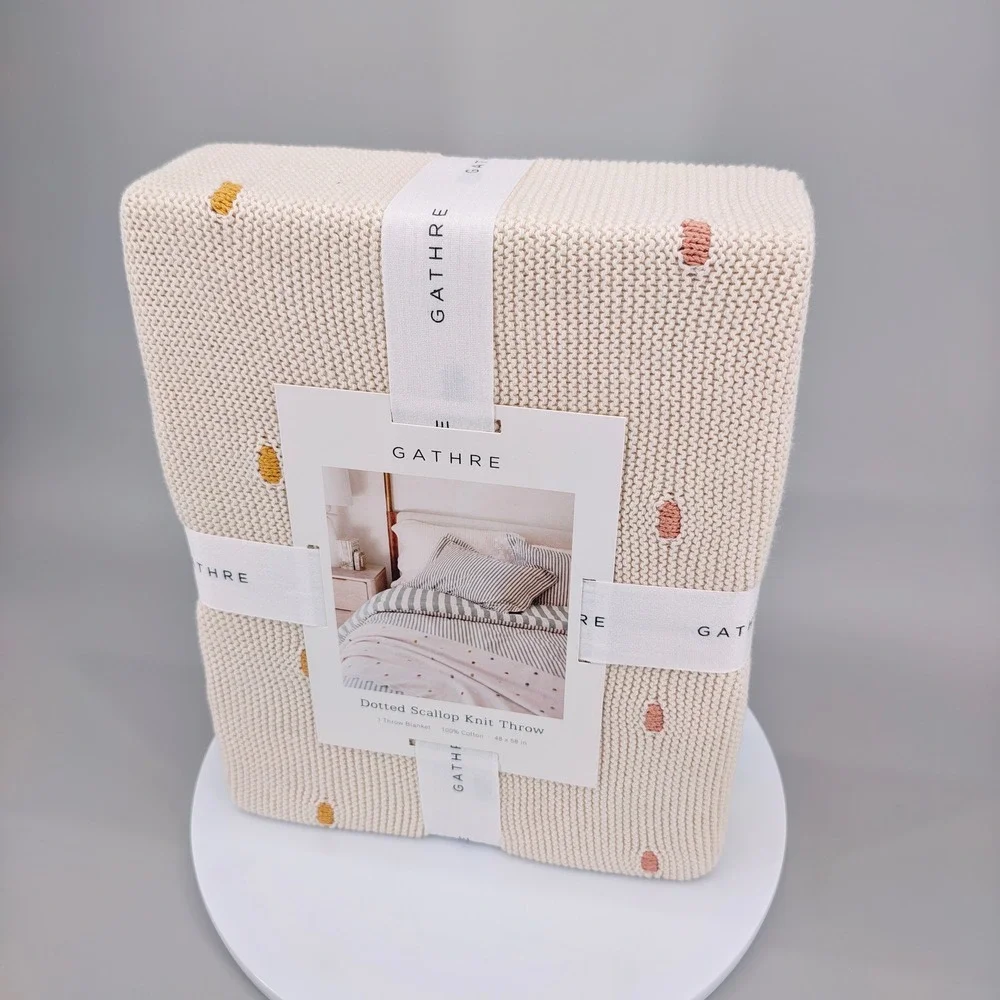 Gathre Dotted Scallop Knit Throw Blanket 100% Cotton Cream Multi 48x58 New
